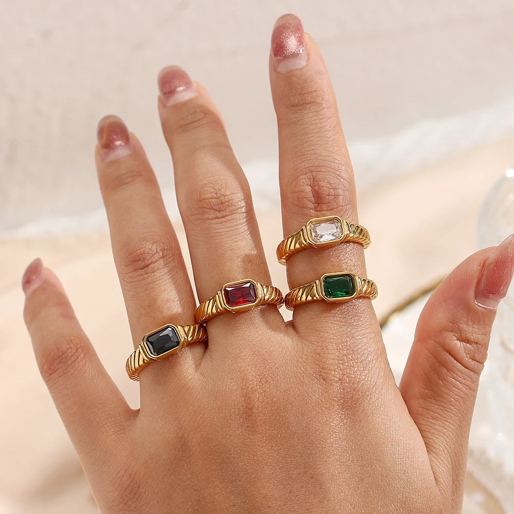 EBbelle Thin Ring Band Texture Engraved Small Square 3A Cubic Zirconia Stone Ring Black White Green Red Gemstone Ring