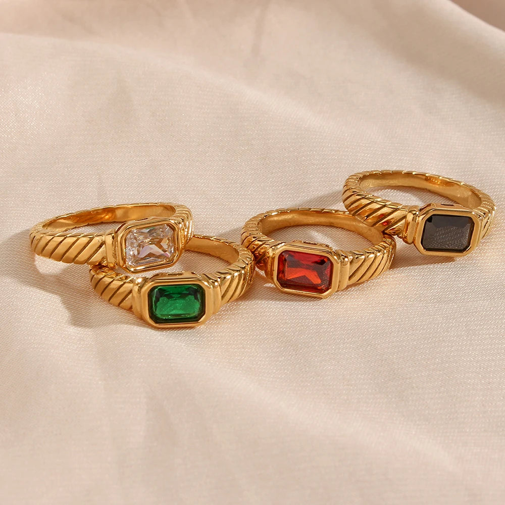 EBbelle Thin Ring Band Texture Engraved Small Square 3A Cubic Zirconia Stone Ring Black White Green Red Gemstone Ring