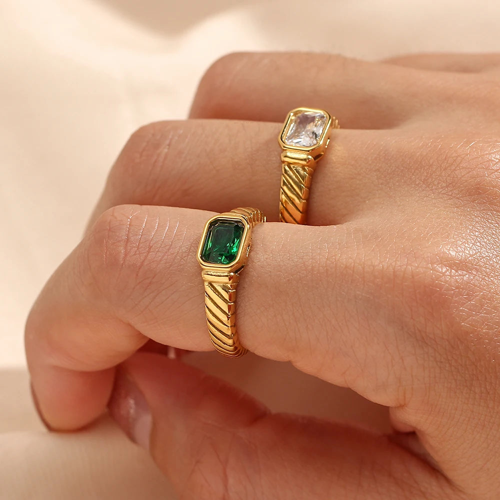EBbelle Thin Ring Band Texture Engraved Small Square 3A Cubic Zirconia Stone Ring Black White Green Red Gemstone Ring