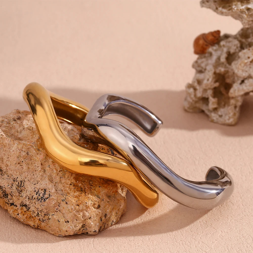 EBbelle Exaggerated Irregular Liquid Wave Open Bracelet 18K Gold Plated Women's Hand Bracelets Stainless Steel Jewelry