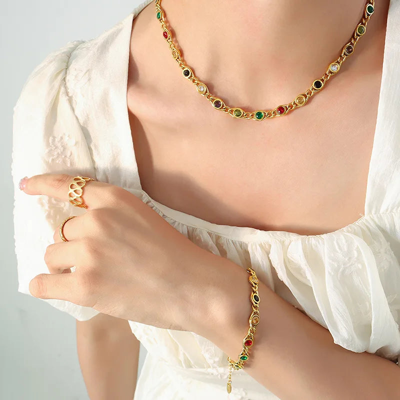 Colorful Zircon Necklace Bracelet Women Set Fashion Non Tarnish Chain Designer Jewelry Copper Gold Plated Accessories 2024