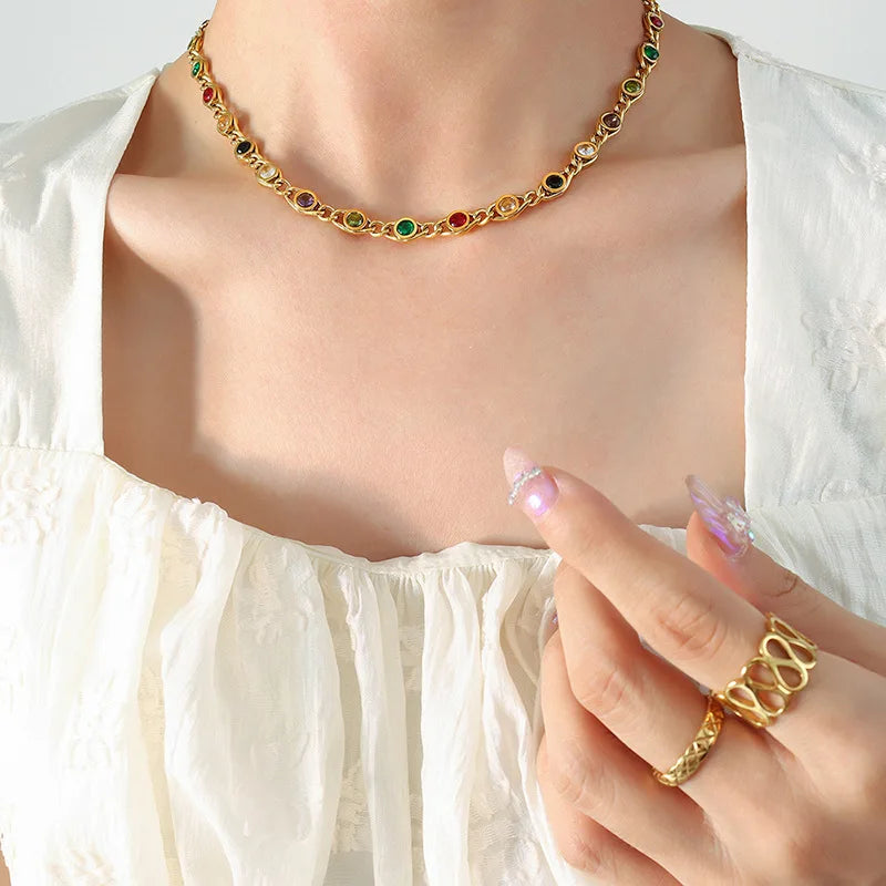 Colorful Zircon Necklace Bracelet Women Set Fashion Non Tarnish Chain Designer Jewelry Copper Gold Plated Accessories 2024