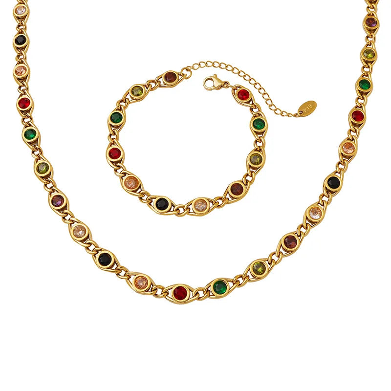 Colorful Zircon Necklace Bracelet Women Set Fashion Non Tarnish Chain Designer Jewelry Copper Gold Plated Accessories 2024