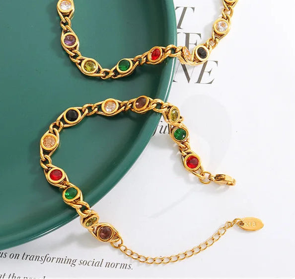 Colorful Zircon Necklace Bracelet Women Set Fashion Non Tarnish Chain Designer Jewelry Copper Gold Plated Accessories 2024