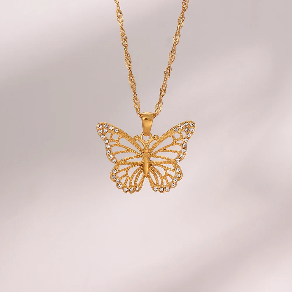 EBbelle Jewelry Stainless Steel 18K Gold Plated 3A Zircon Stone Luxury Butterfly Pendant Necklace Crystal Butterfly Necklace