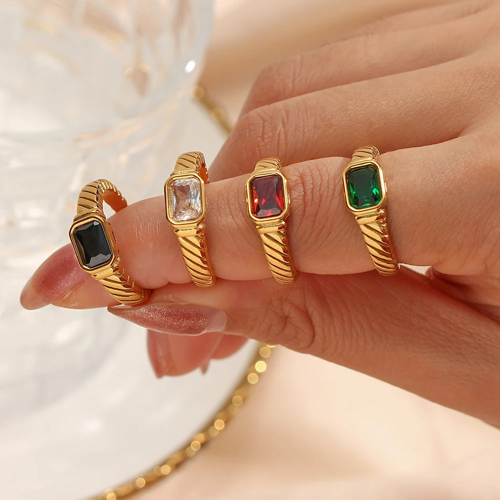 EBbelle Thin Ring Band Texture Engraved Small Square 3A Cubic Zirconia Stone Ring Black White Green Red Gemstone Ring
