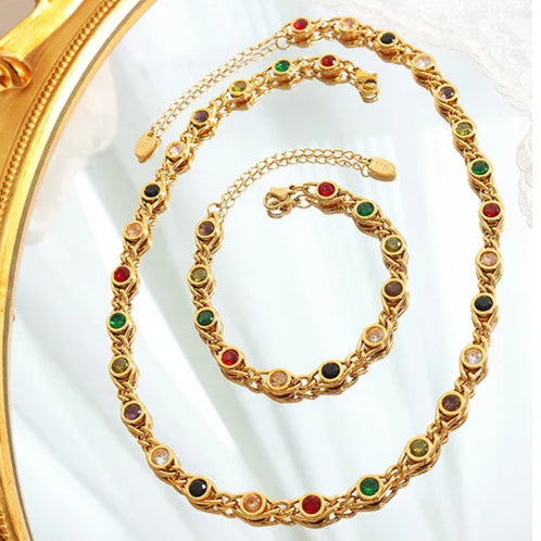 Colorful Zircon Necklace Bracelet Women Set Fashion Non Tarnish Chain Designer Jewelry Copper Gold Plated Accessories 2024