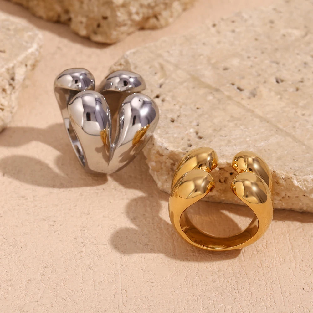 EBbelle Four Water Drop Head Open Ring Hypoallergenic 18K Gold Plated Decoration 316L Stainless Steel Jewelry