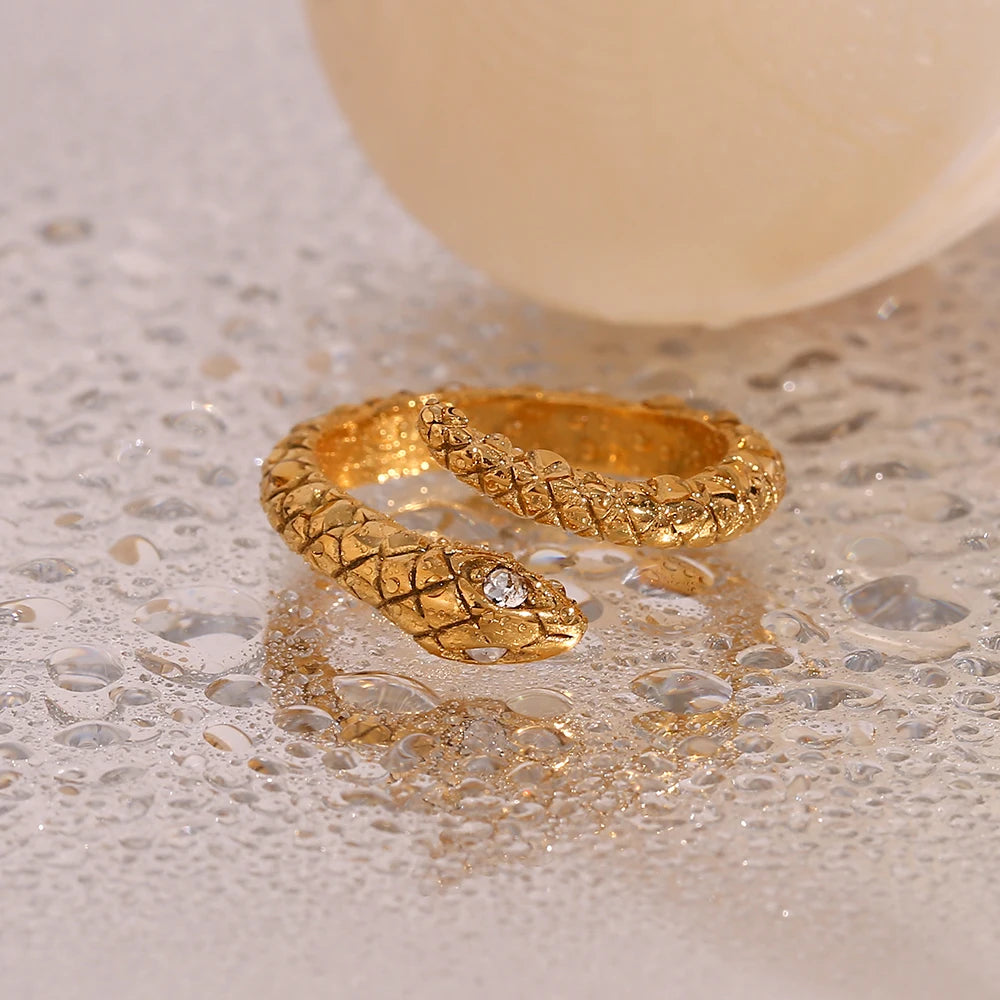 EBbelle Waterproof Hypoallergenic Opening Crystal Eye Gold Plated Stainless Steel Snake Rings Vintage Accessories For Women