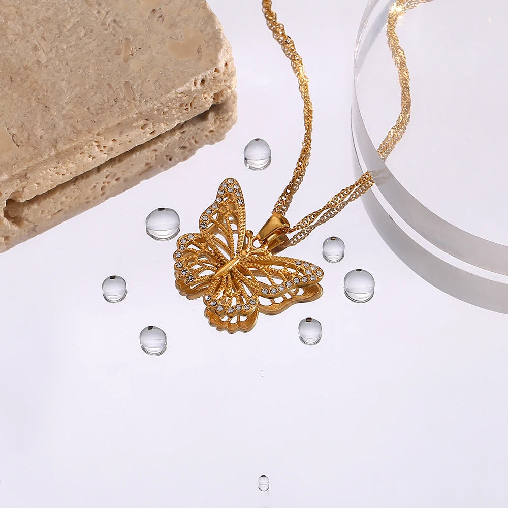 EBbelle Jewelry Stainless Steel 18K Gold Plated 3A Zircon Stone Luxury Butterfly Pendant Necklace Crystal Butterfly Necklace