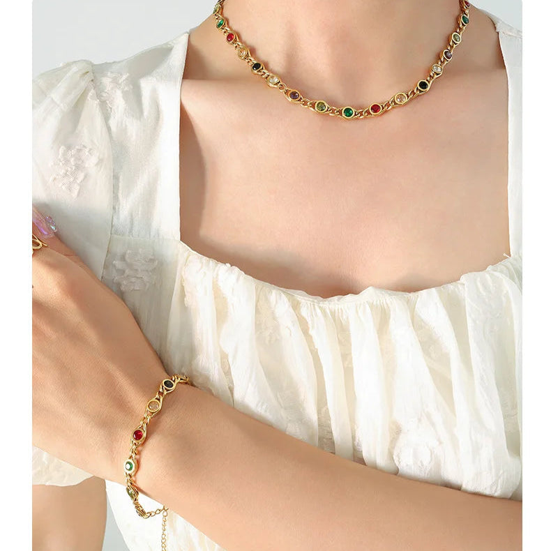 Colorful Zircon Necklace Bracelet Women Set Fashion Non Tarnish Chain Designer Jewelry Copper Gold Plated Accessories 2024