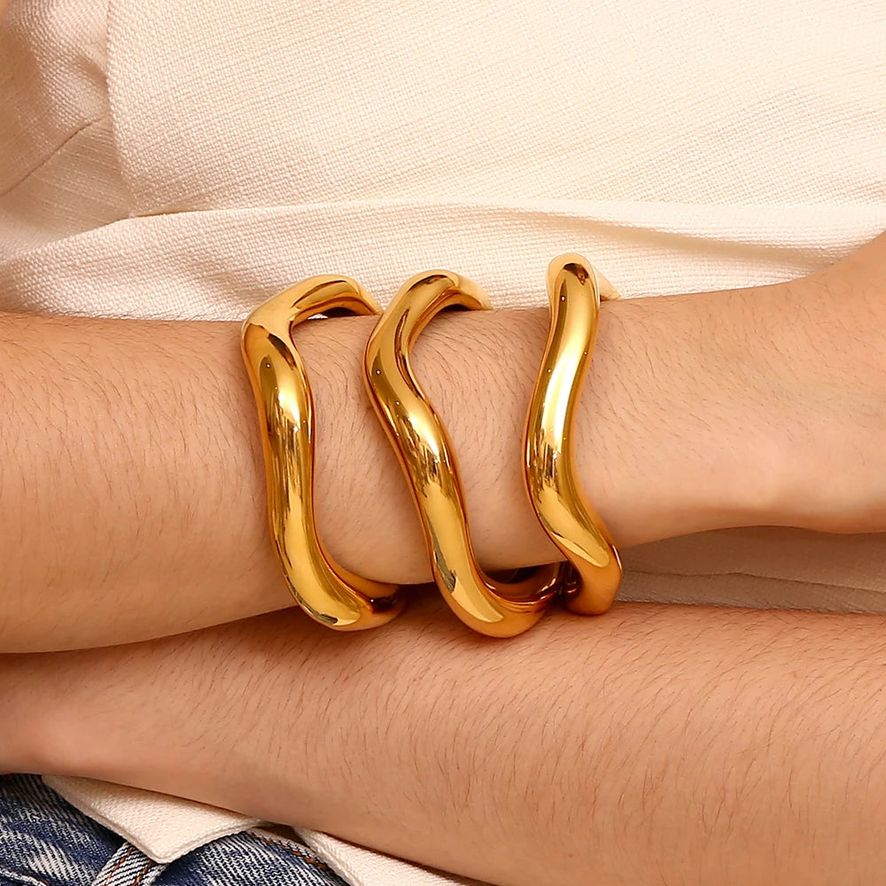 EBbelle Exaggerated Irregular Liquid Wave Open Bracelet 18K Gold Plated Women's Hand Bracelets Stainless Steel Jewelry