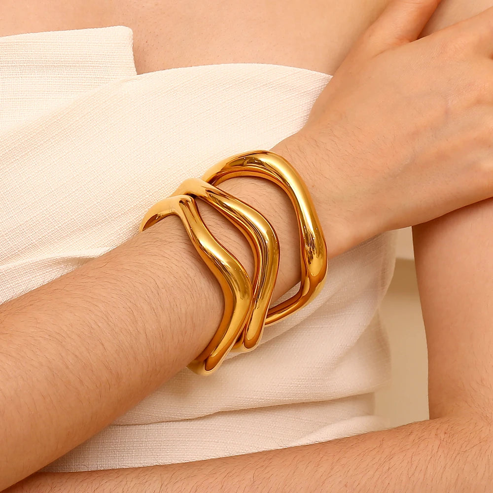 EBbelle Exaggerated Irregular Liquid Wave Open Bracelet 18K Gold Plated Women's Hand Bracelets Stainless Steel Jewelry