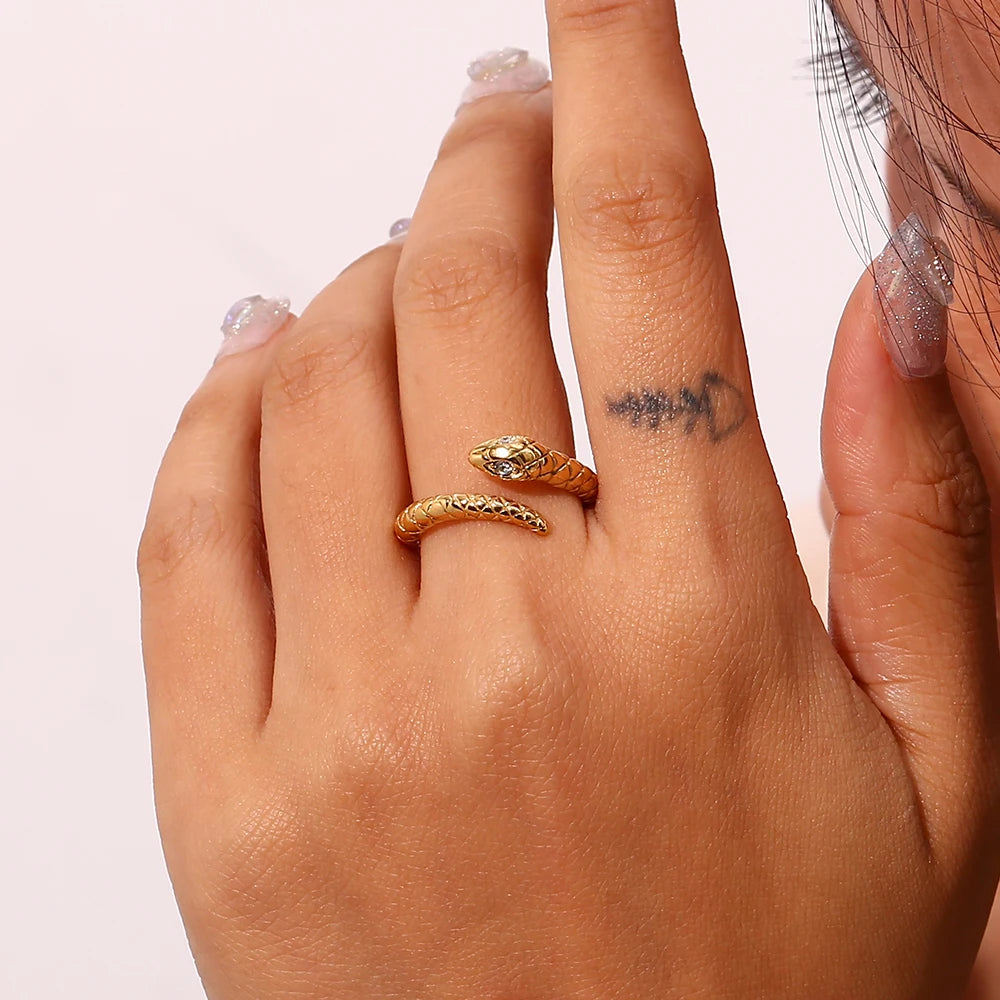 EBbelle Waterproof Hypoallergenic Opening Crystal Eye Gold Plated Stainless Steel Snake Rings Vintage Accessories For Women