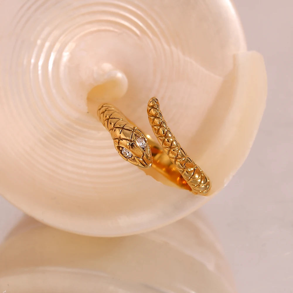 EBbelle Waterproof Hypoallergenic Opening Crystal Eye Gold Plated Stainless Steel Snake Rings Vintage Accessories For Women