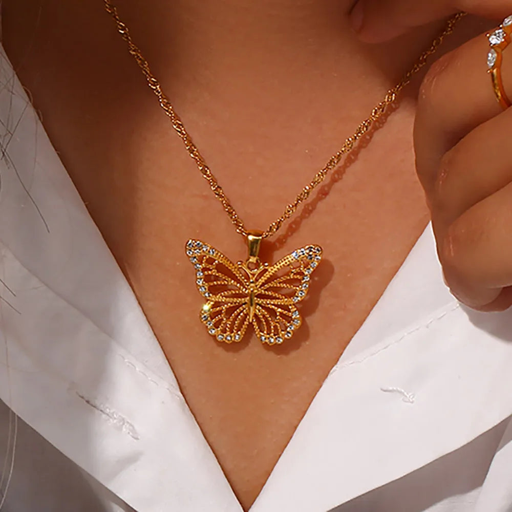 EBbelle Jewelry Stainless Steel 18K Gold Plated 3A Zircon Stone Luxury Butterfly Pendant Necklace Crystal Butterfly Necklace