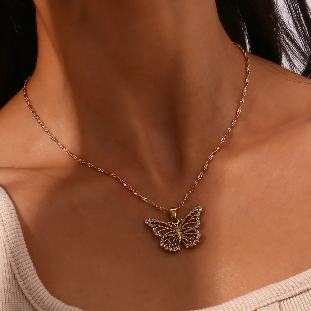 EBbelle Jewelry Stainless Steel 18K Gold Plated 3A Zircon Stone Luxury Butterfly Pendant Necklace Crystal Butterfly Necklace