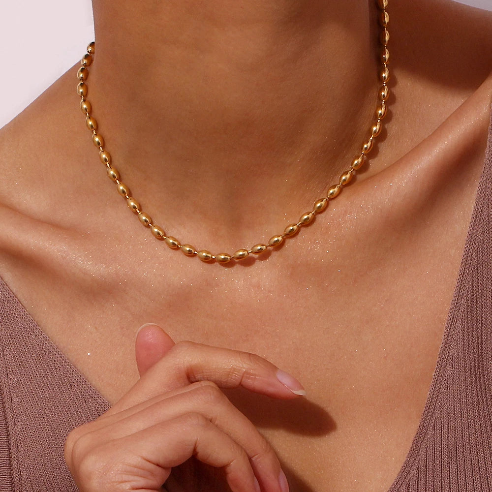 EBbelle Stainless Steel 18K Gold Plated Oval Beaded Necklaces Daily Choker Necklaces Fashion Jewelry Accessories For Women