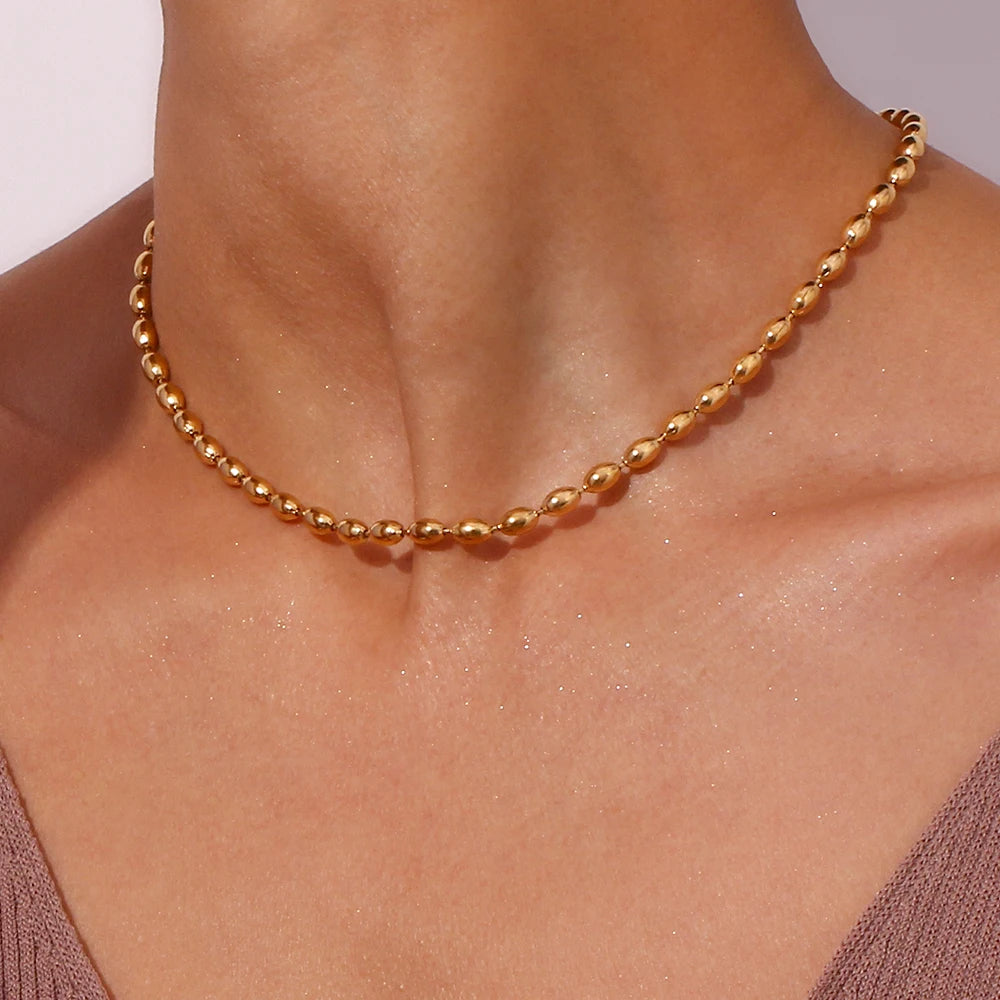 EBbelle Stainless Steel 18K Gold Plated Oval Beaded Necklaces Daily Choker Necklaces Fashion Jewelry Accessories For Women